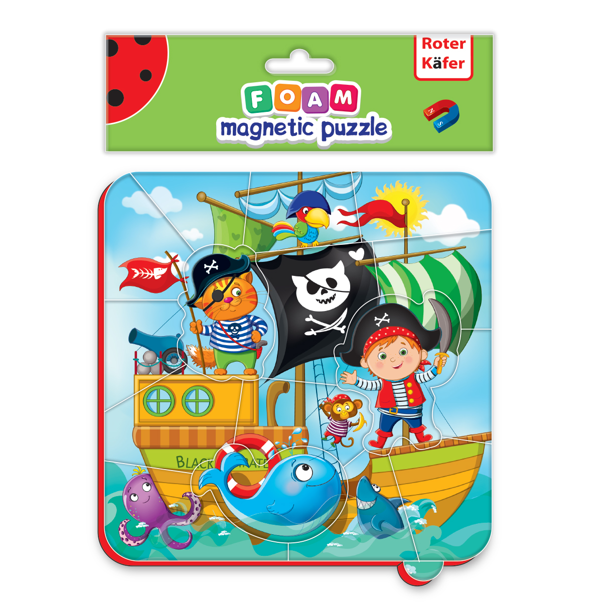 Puzzle magnetic cu 16 piese din spumă - corabia piraților