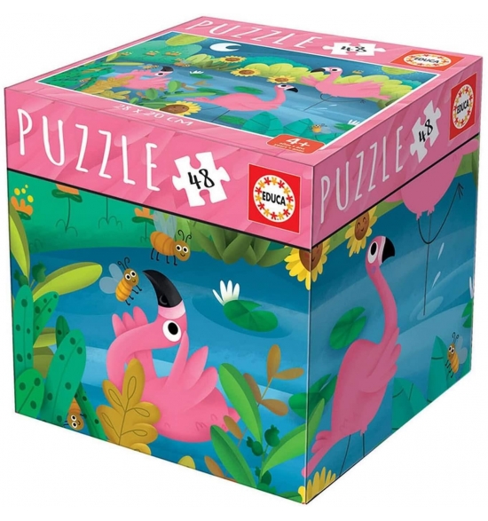 Puzzle cu 48 de piese într-o mini cutie tip cub – Păsări flamingo edituradiana.ro