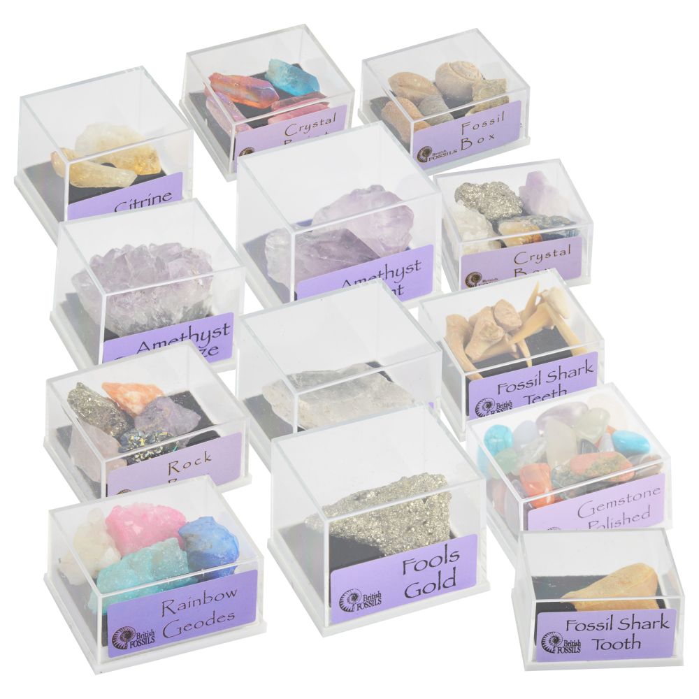 Set 5 cutii cu pietre semiprețioase, minerale și fosile