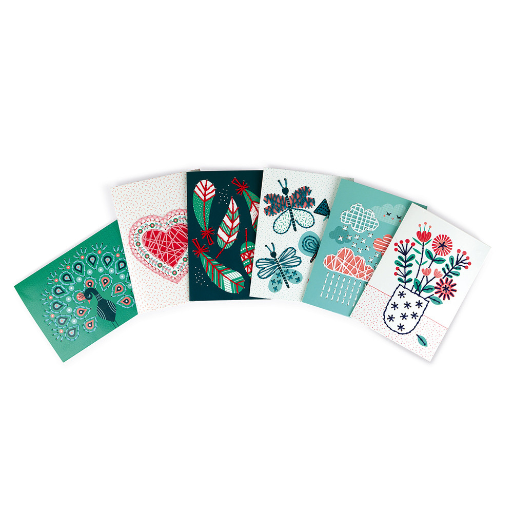 Set 6 carduri de brodat, 6 fire, 1 ac, 6 plicuri și 1 accesoriu