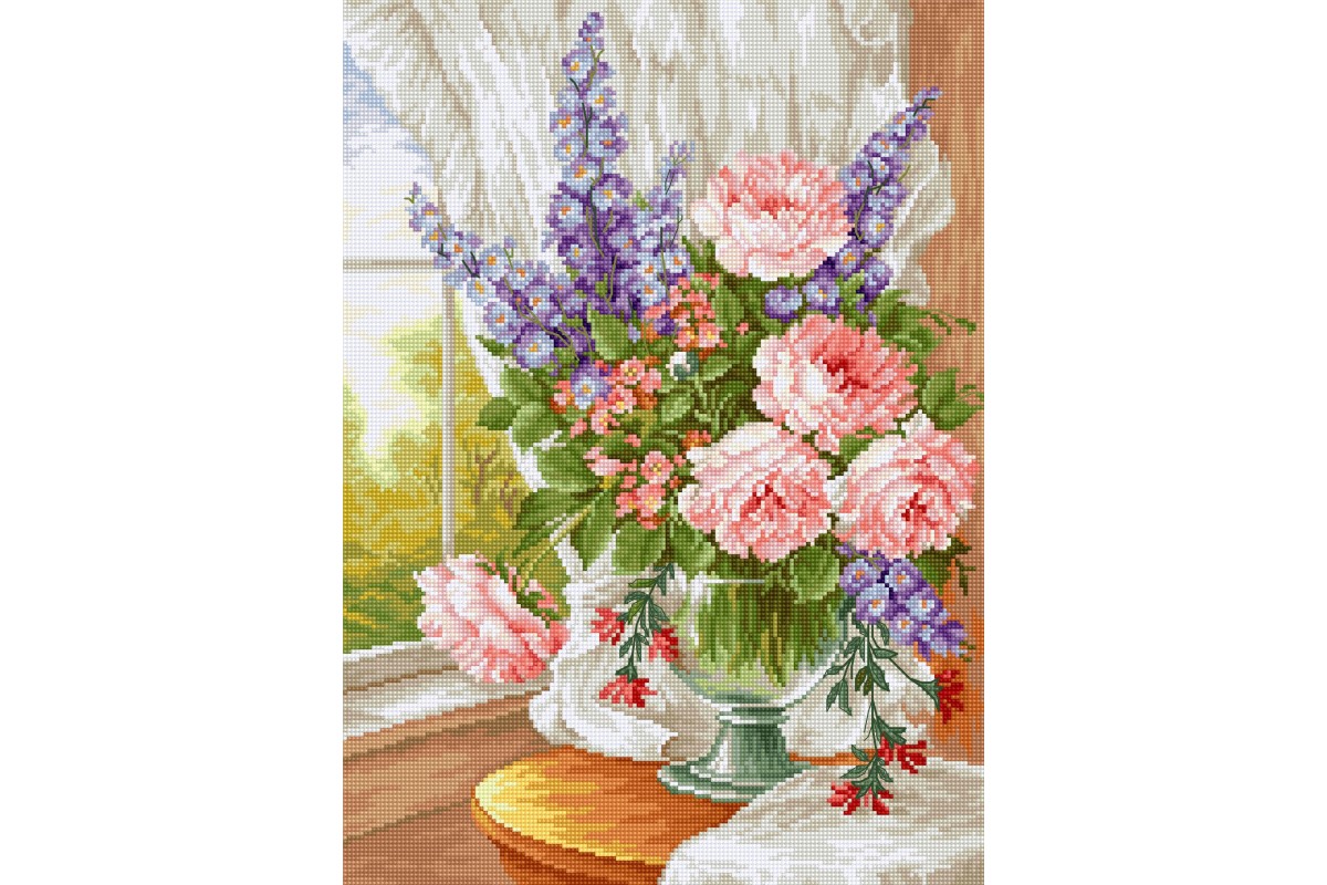 Set broderie în cruciuliță cu ață și ac - Flori la fereastră (2), 25 x 34 cm