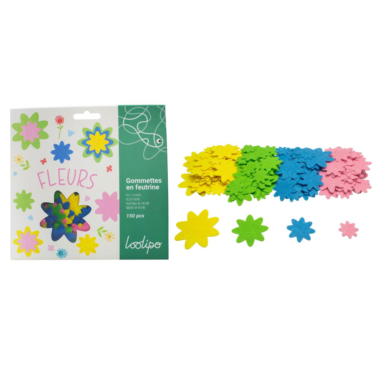 Set de 150 de flori colorate din fetru autoadeziv - 2,5 - 7 cm