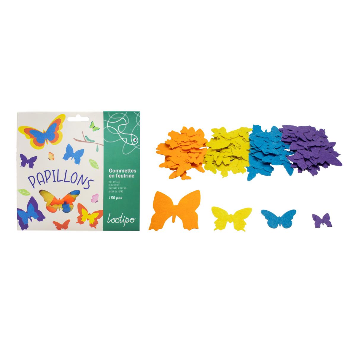 Set de 150 de fluturi colorați din fetru autoadeziv - între 2,5 - 7 cm
