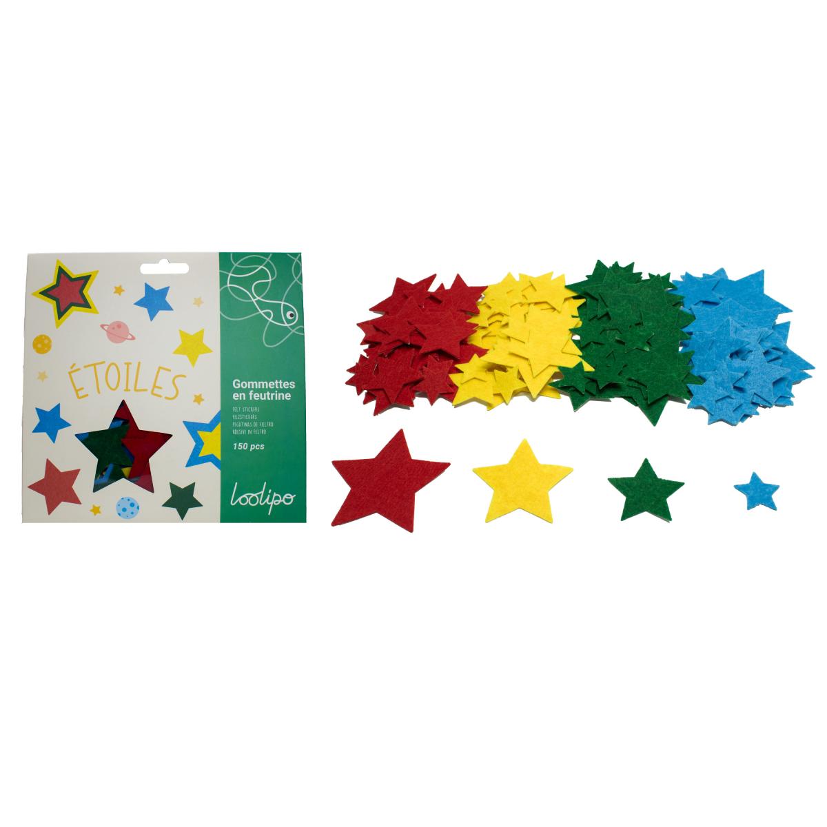 Set de 150 de steluțe colorate din fetru autoadeziv - între 2,5 - 7 cm