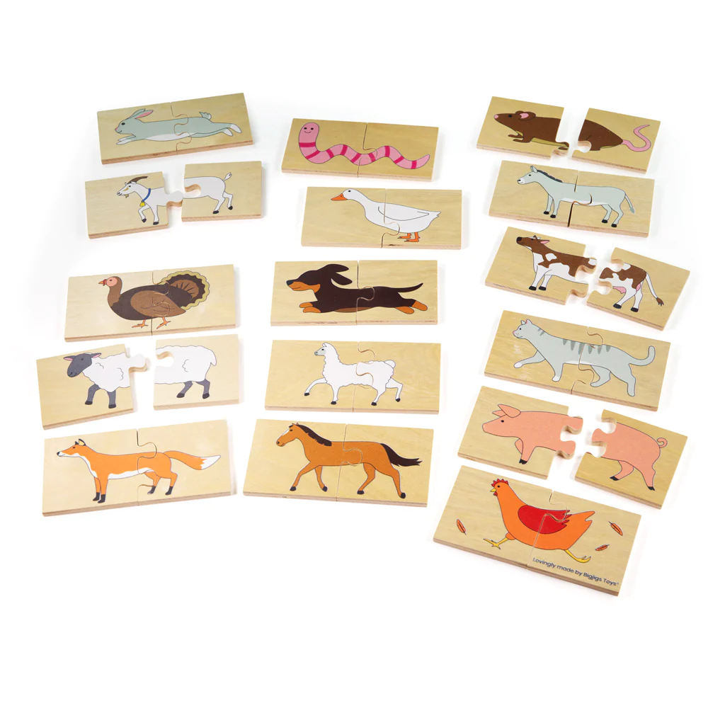 Set de 16 puzzle-uri a câte 2 piese din lemn - Animale de la fermă