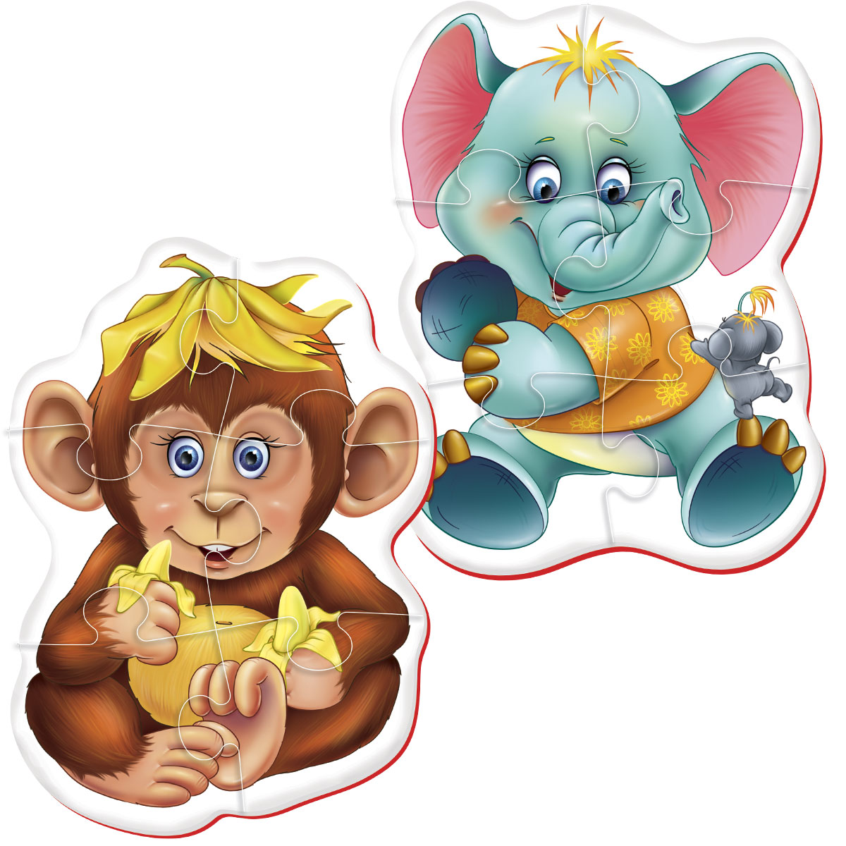 Set de 2 puzzle-uri a câte 6 piese din spumă - elefănțel și maimuțică
