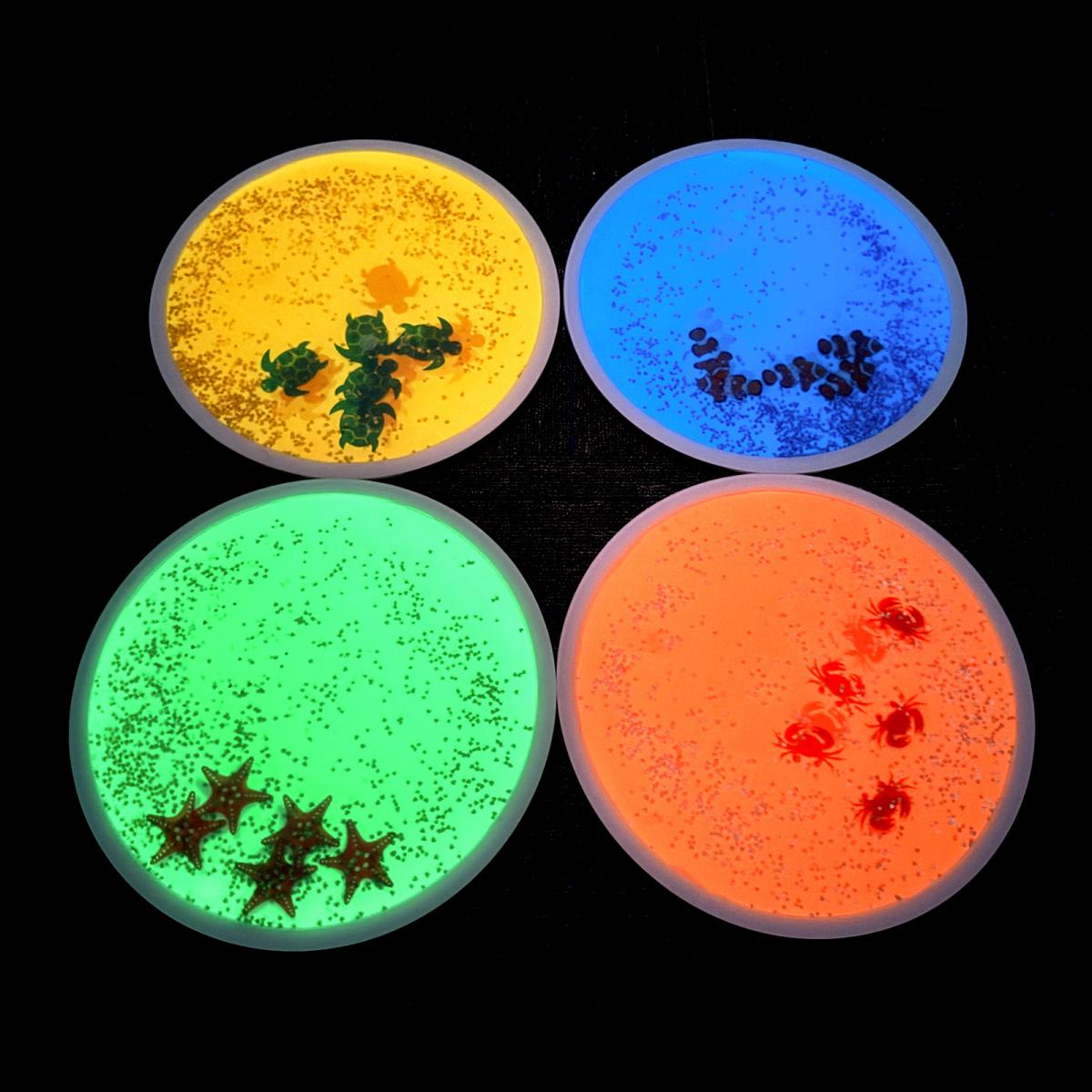 Set de 4 plăci rotunde de podea cu lichid senzorial UV - Animale marine (Ø30 cm)