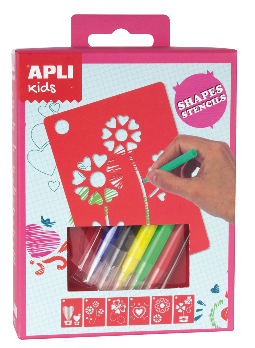 Set de 6 șabloane din plastic cu flori și inimi și 5 markere colorate