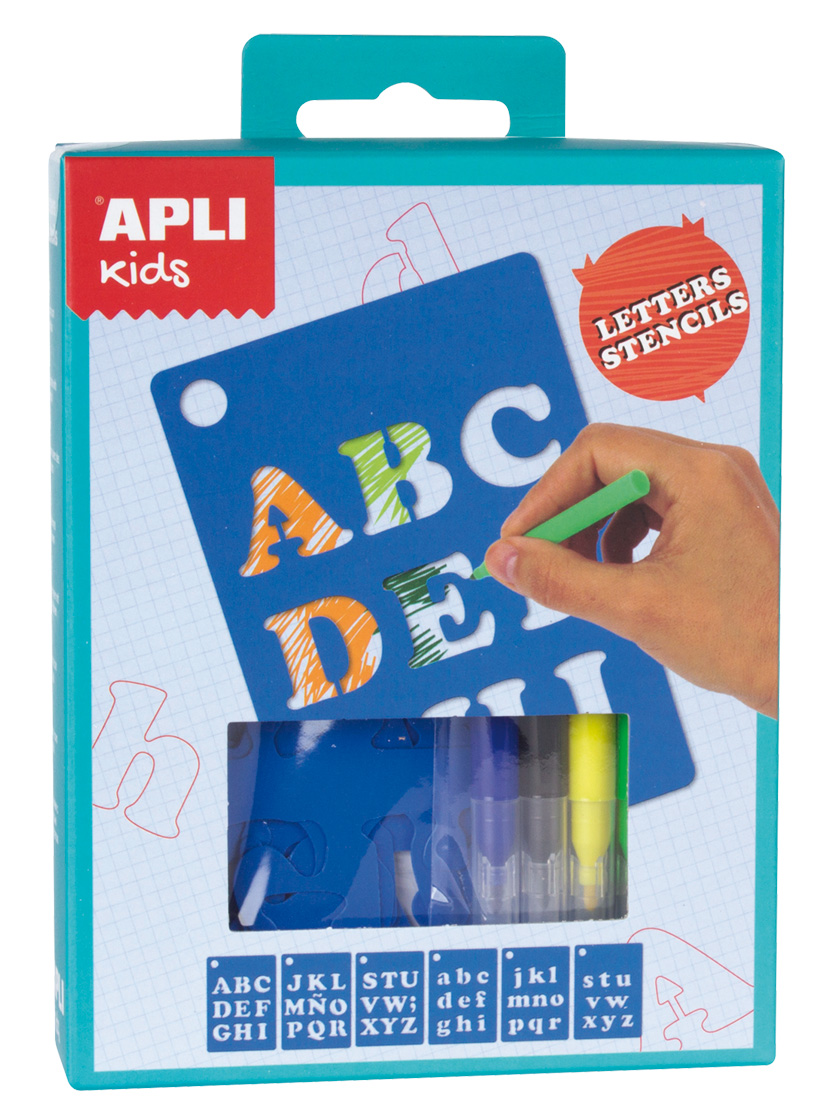 Set de 6 șabloane din plastic cu literele alfabetului și 5 markere colorate