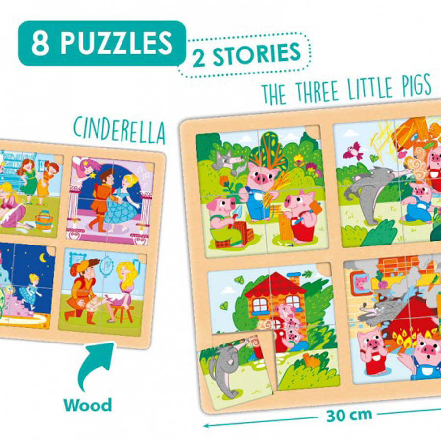 Set de 8 puzzle-uri din lemn - „Cei trei purceluși” și „Cenușăreasa