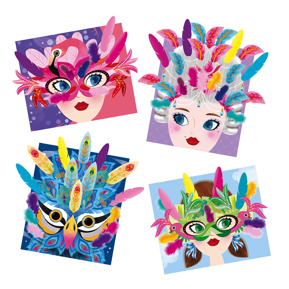 Set de creație cu aplicații din pene – 4 tablouri cu măști de carnaval edituradiana.ro imagine 2022