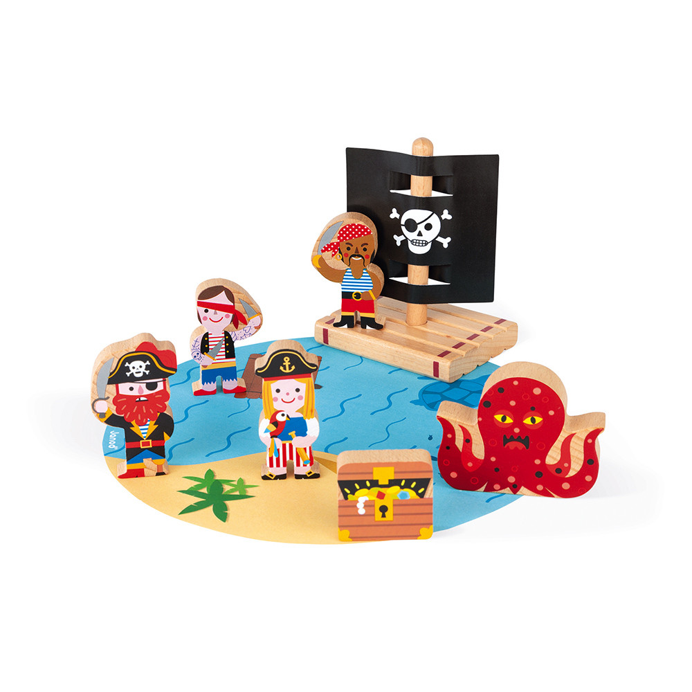 Vezi detalii pentru Set de joacă din lemn cu 7 figurine - Viață de pirat