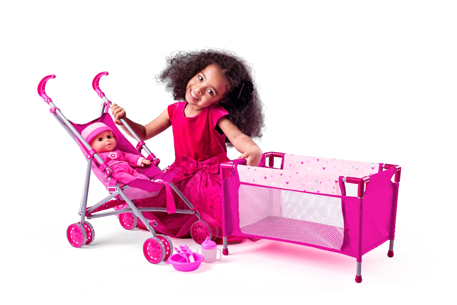 Set ingrijire cu papusa, carucior, patut si accesorii