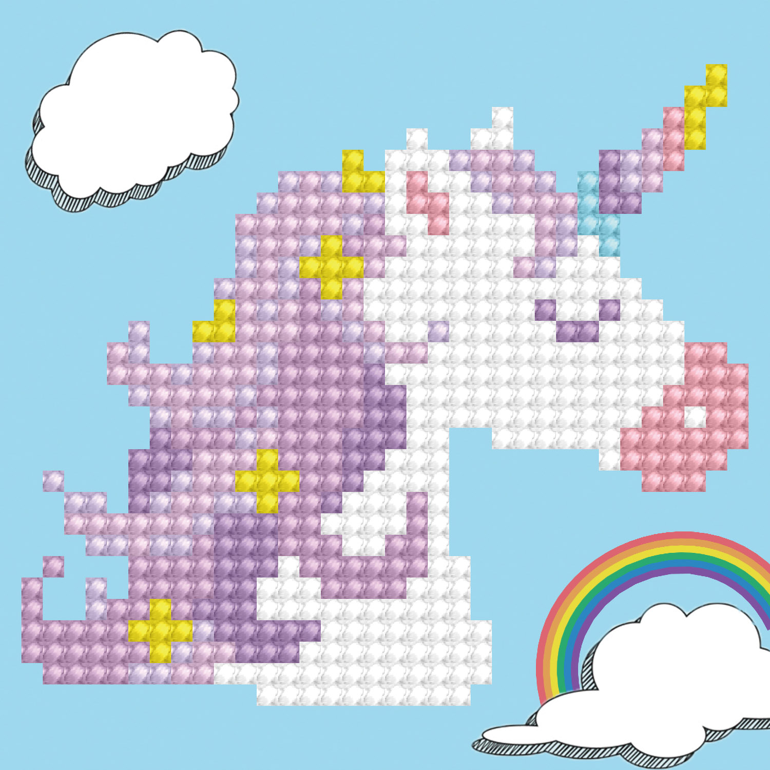Set tablou cu diamante și ramă - Unicorn printre nori, 9 x 9 cm