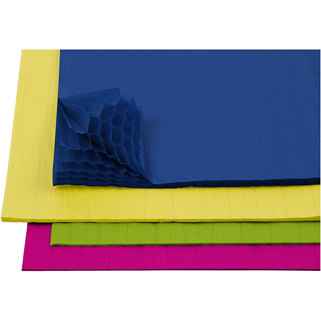 Vezi detalii pentru Set de 8 coli de hârtie tip fagure pentru decorațiuni, 28 x 17 cm (bleumarin, galben, verde și roz)