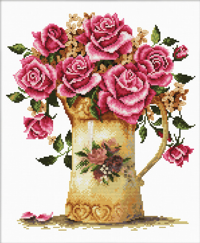 Vezi detalii pentru Set goblen imprimat cu ață și ac – Trandafiri în vază antică, 26 x 29 cm