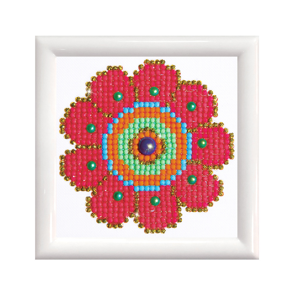 Set tablou cu diamante și ramă - Floare roșie, 10 x 10 cm