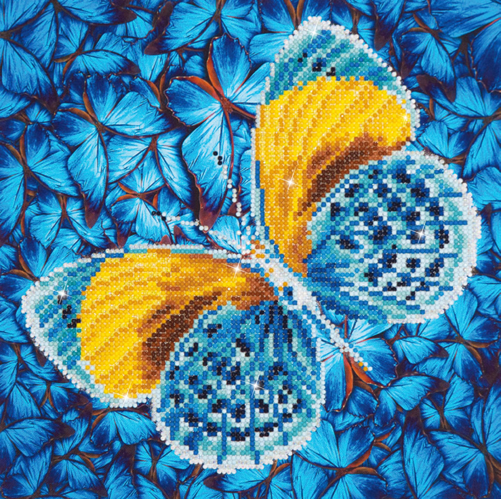 Tablou cu diamante - Fluture albastru cu auriu, 31 x 31 cm
