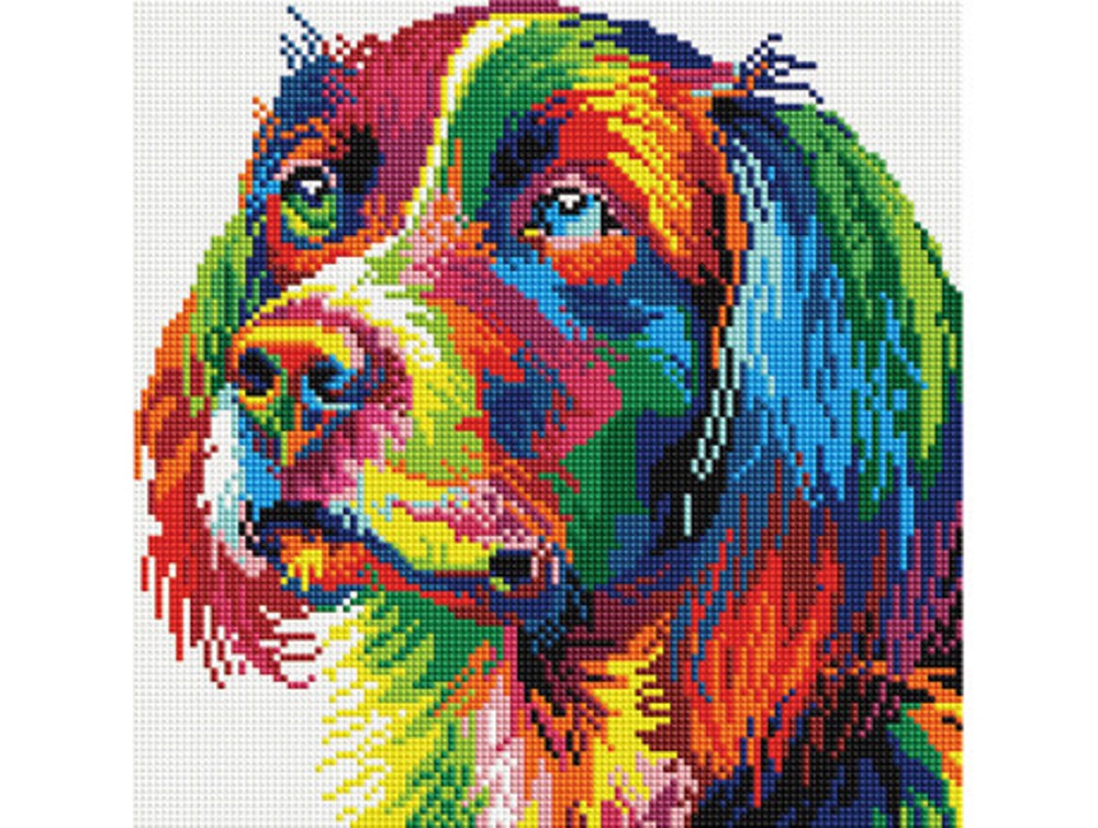 Tablou cu diamante înrămat - Cățel multicolor, 30 x 30 cm