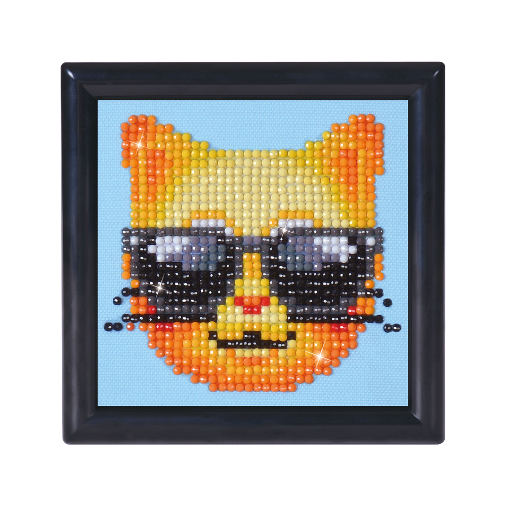 Set tablou cu diamante și ramă - Pisicuță cool, 10 x 10 cm
