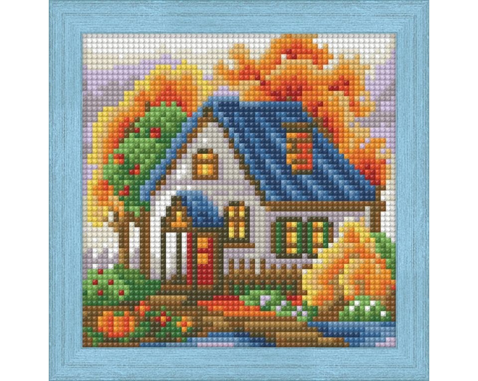 Tablou cu diamante - casă în timpul toamnei (15 x 15 cm)