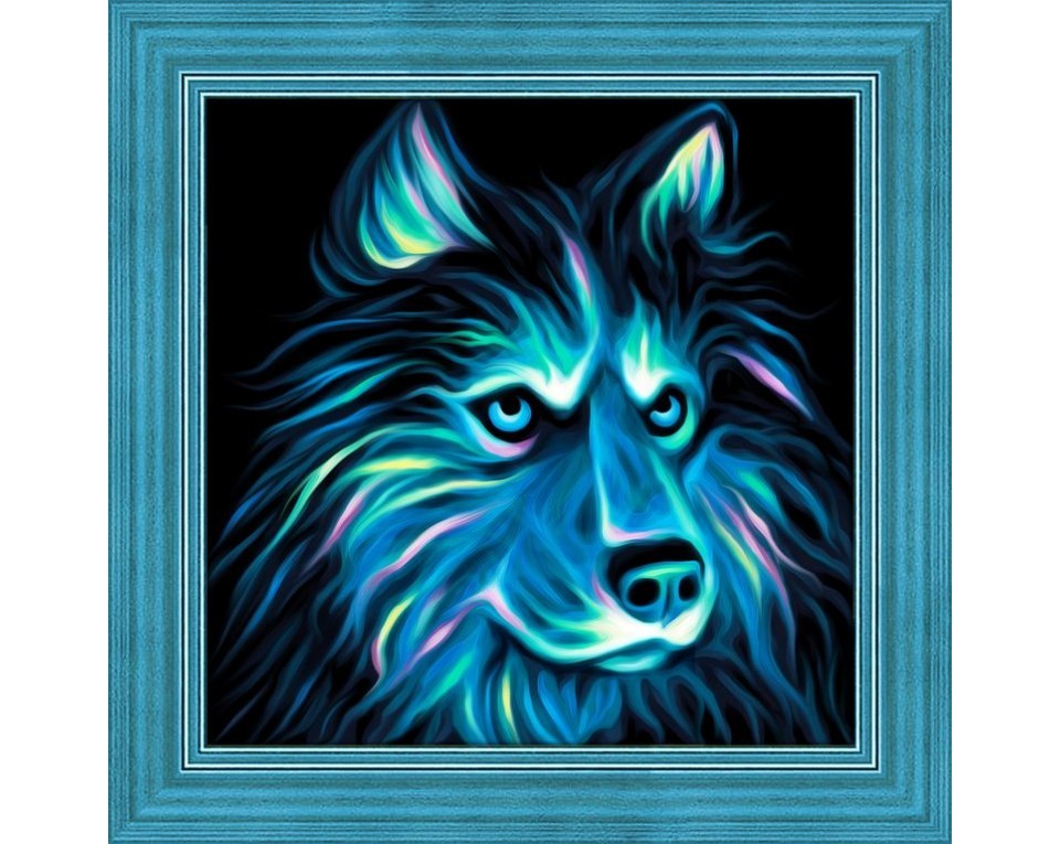Tablou cu diamante - husky în culori neon (25 x 25 cm)