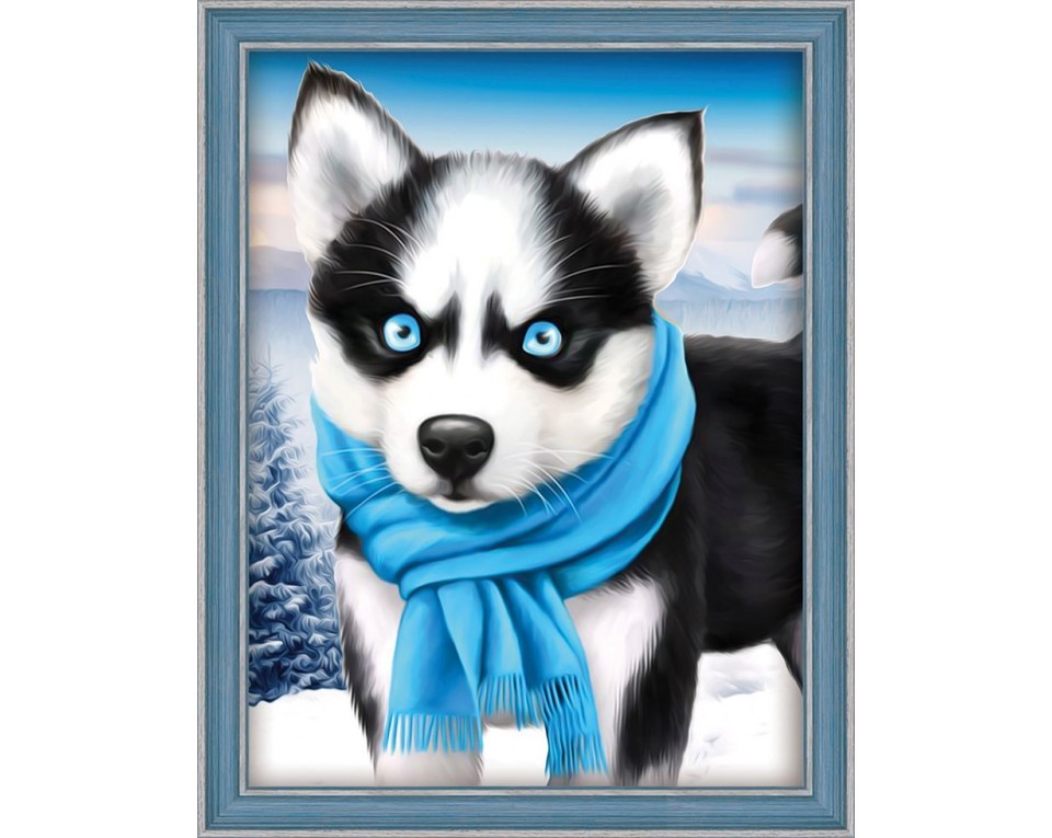 Tablou cu diamante -Husky cu fular albastru (15 x 20 cm) edituradiana.ro imagine 2022