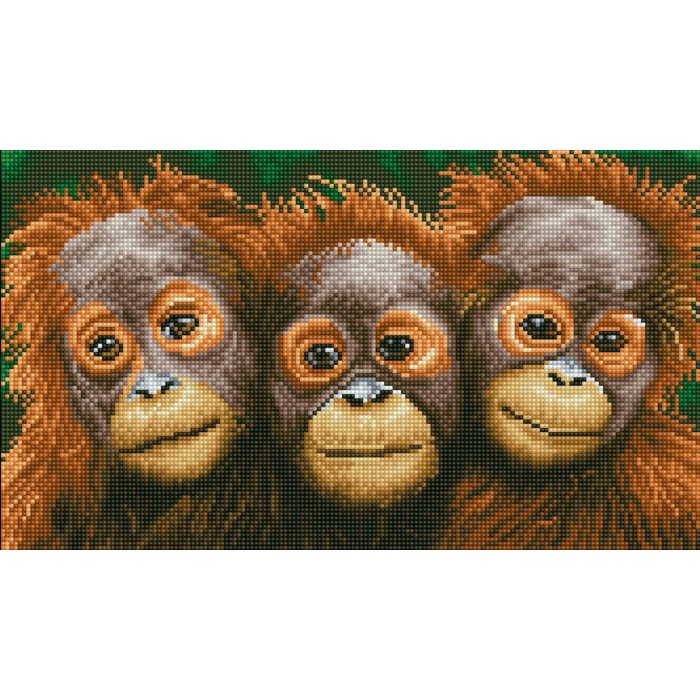 Tablou finalizat cu diamante finalizat – Trei maimuțe, 29 x 48 cm „Trei