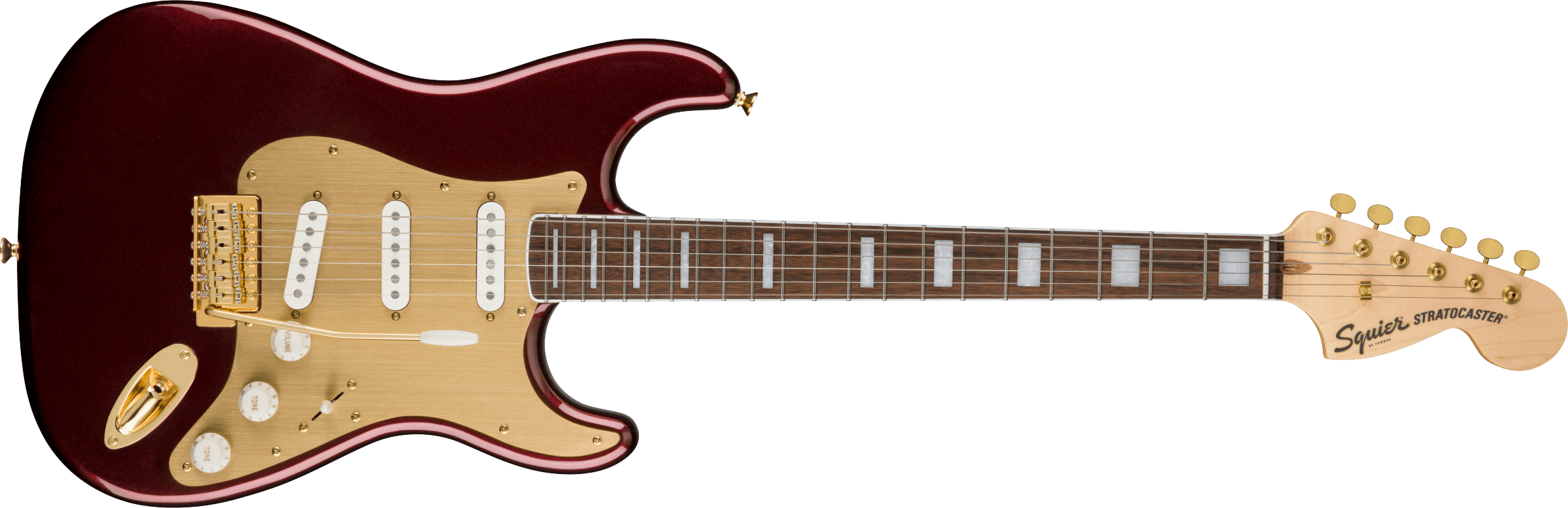 Chitare electrice - Chitara electrica Squier 40th Anniv. Stratocaster Gold Edition Ruby Red Metallic, guitarshop.ro