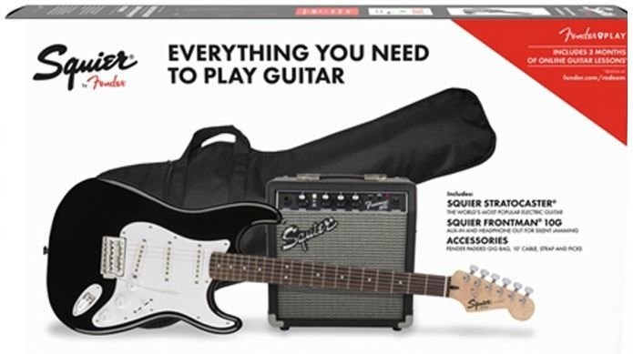 Seturi chitare electrice cu amplificator si accesorii - Set chitara Squier Affinity Stratocaster cu Frontman 10G (Culoare: Black), guitarshop.ro