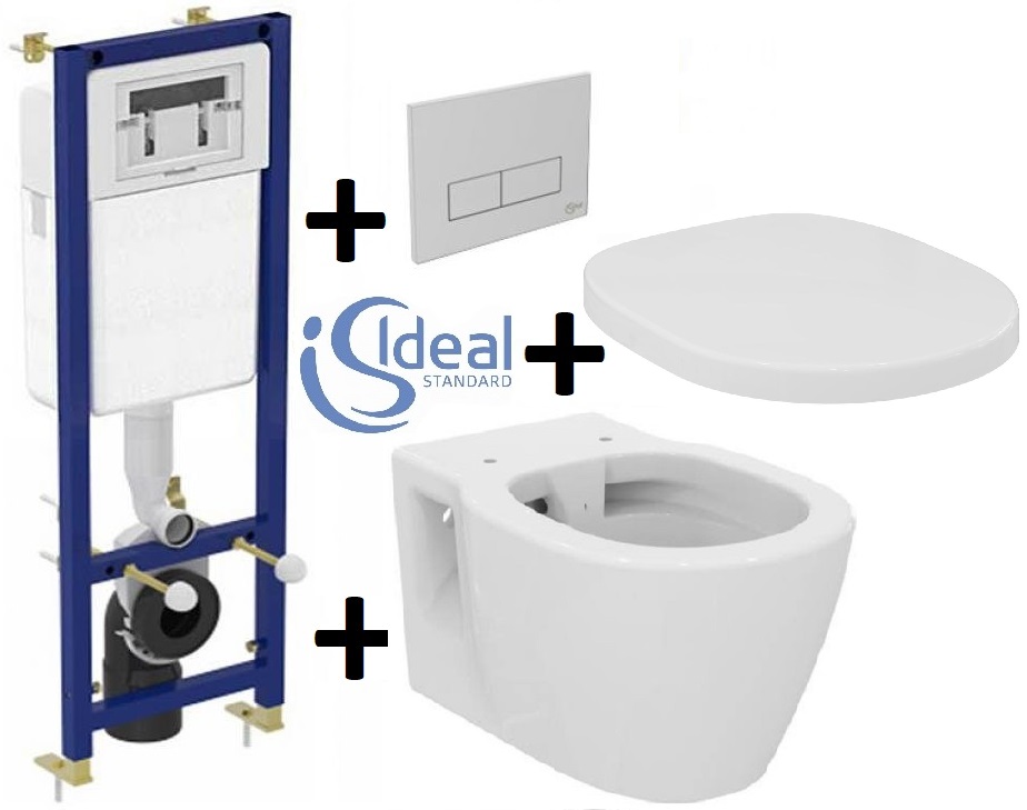 Pachet Complet Sistem WC Suspendat Ideal Standard Connect Rimless - Gata de Montaj - Cadru fixare + Rezervor Ingropat, Clapeta Crom, Vas WC si Capac WC