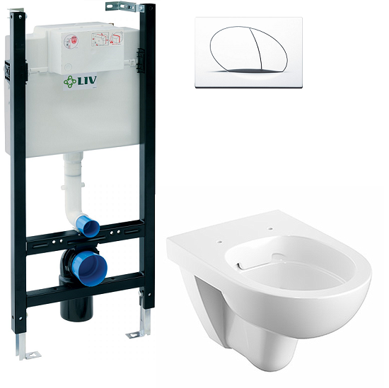 Pachet Complet Sistem WC Suspendat Geberit Kolo Nova PRO Rimfree - Gata de Montaj - Cadru fixare LIV + Rezervor Ingropat, Clapeta Alba, Vas WC si Capac WC