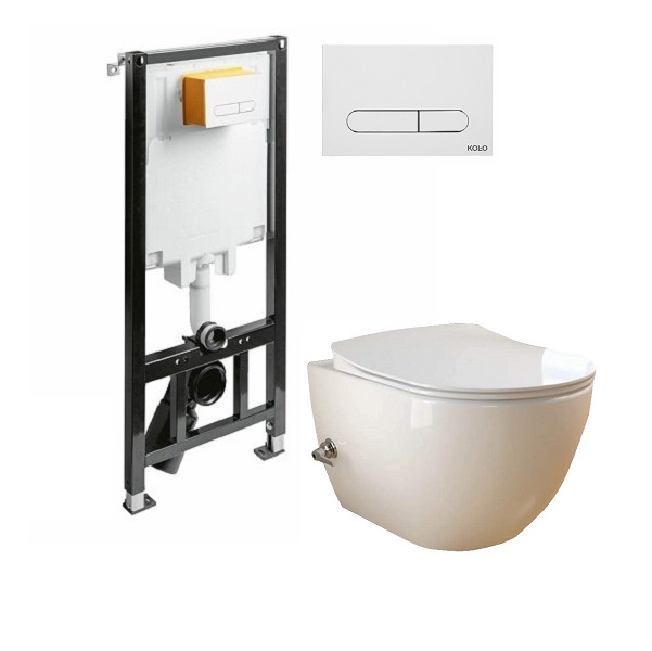 Set 2 in 1 Toaleta cu bideu Creavit Design Rimoff, Kolo SLIM, capacitate 9 L, capac soft and slim, clapeta alba