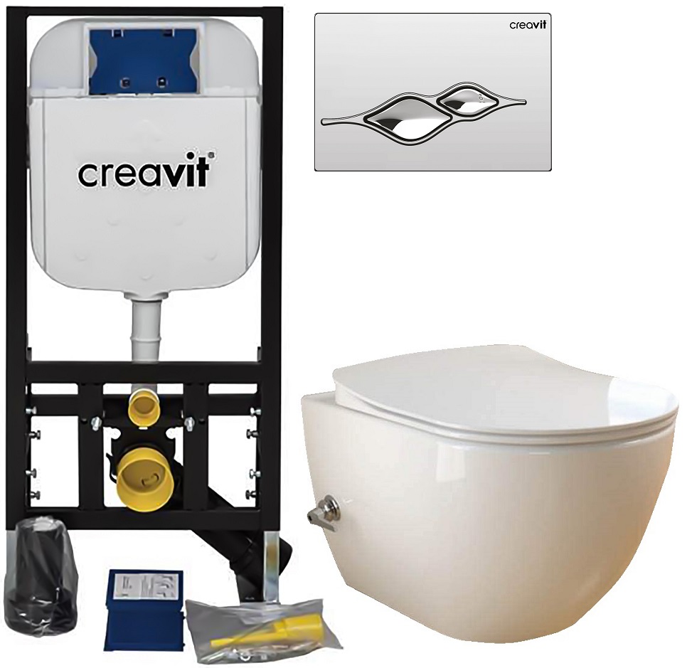 Set 2 in 1 Toaleta cu bideu Creavit Design Rimoff, Creavit, capacitate 9 L, capac soft and slim, clapeta crom lucios