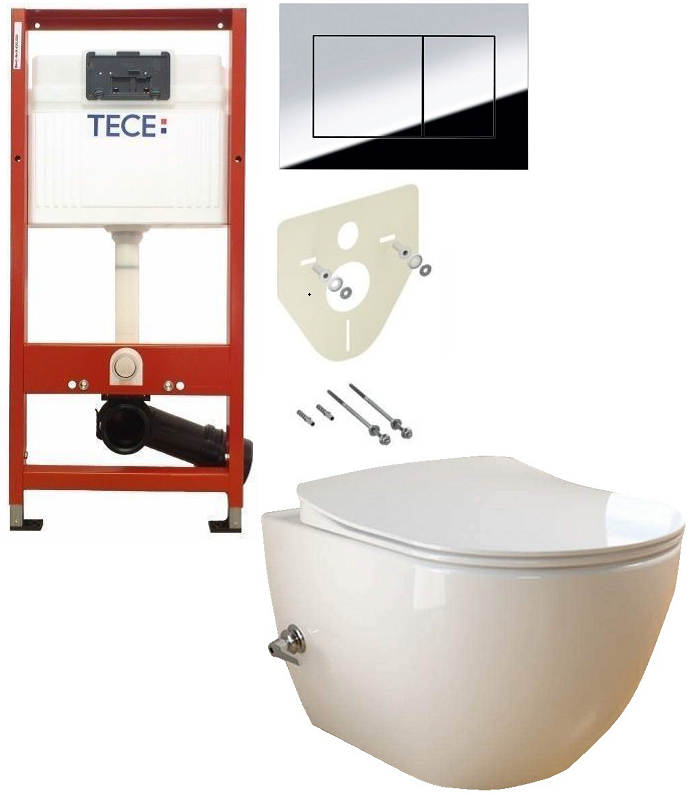 Set 2 in 1 Toaleta cu bideu Creavit Design Rimoff, Tece, capacitate 9 L, capac soft and slim, clapeta crom lucios