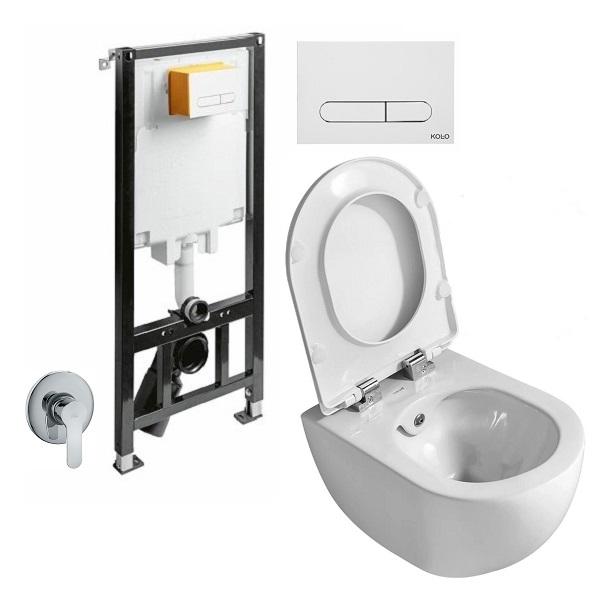 Set 3 in 1 Toaleta cu bideu Creavit Design Rimoff, Paffoni, Kolo, capacitate 9 L, capac soft and slim, clapeta alba