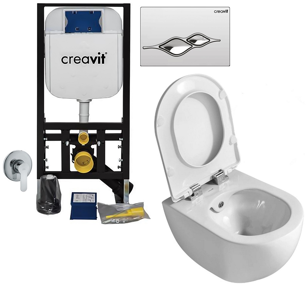 Set 3 in 1 Toaleta cu bideu Creavit Design Rimoff, Paffoni, Creavit, capacitate 9 L, capac soft and slim, clapeta crom lucios