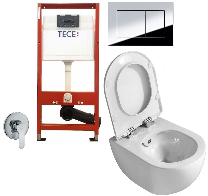 Set 3 in 1 Toaleta cu bideu Creavit Design Rimoff, Paffoni, Tece, capacitate 9 L, capac soft and slim, clapeta crom lucios