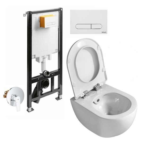 Set 3 in 1 Toaleta cu bideu Creavit Design Rimoff, Grohe, Kolo, capacitate 9 L, capac soft and slim, clapeta alba