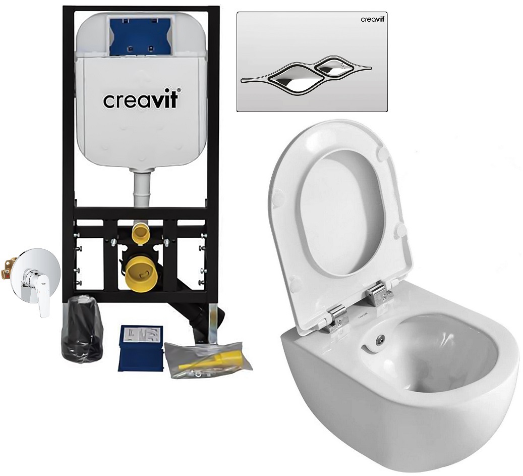 Set 3 in 1 Toaleta cu bideu Creavit Design Rimoff, Grohe, Creavit, capacitate 9 L, capac soft and slim, clapeta crom lucios