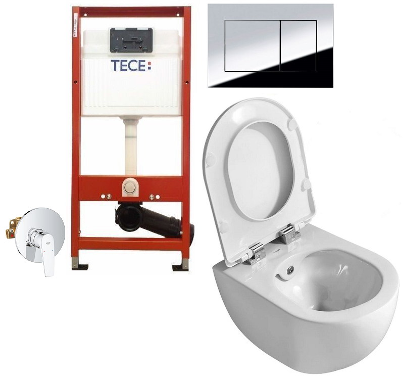 Set 3 in 1 Toaleta cu bideu Creavit Design Rimoff, Grohe, Tece, capacitate 9 L, capac soft and slim, clapeta crom lucios