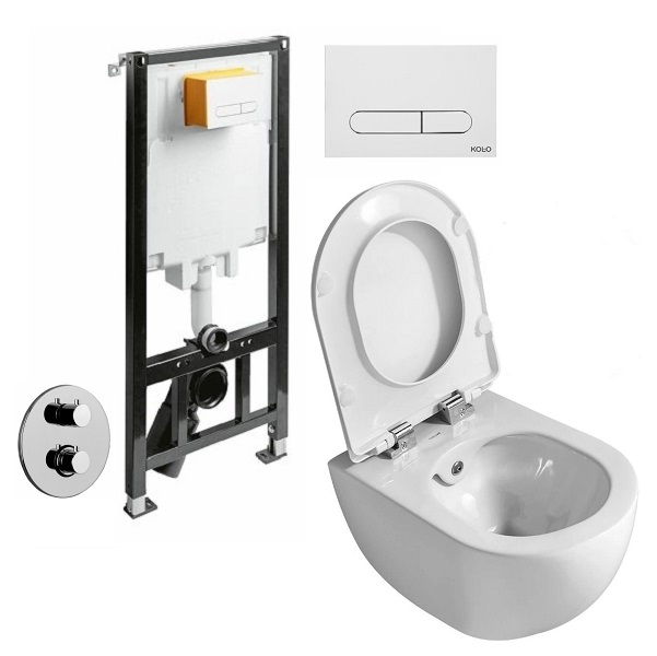 Set 3 in 1 Toaleta cu bideu Creavit Design Rimoff, Paffoni control temperatura, Kolo, capacitate 9 L, capac soft and slim, clapeta alba