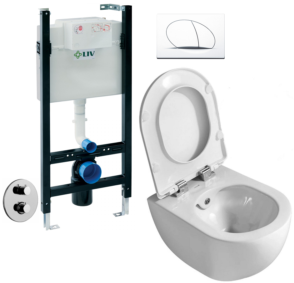 Set 3 in 1 Toaleta cu bideu Creavit Design Rimoff, Paffoni control temperatura, Liv, capacitate 9 L, capac soft and slim, clapeta alba