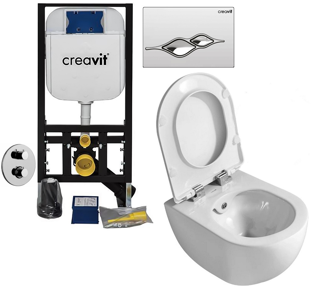 Set 3 in 1 Toaleta cu bideu Creavit Design Rimoff, Paffoni control temperatura, Creavit, capacitate 9 L, capac soft and slim, clapeta crom lucios