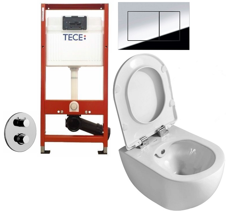 Set 3 in 1 Toaleta cu bideu Creavit Design Rimoff, Paffoni control temperatura, Tece, capacitate 9 L, capac soft and slim, clapeta crom lucios