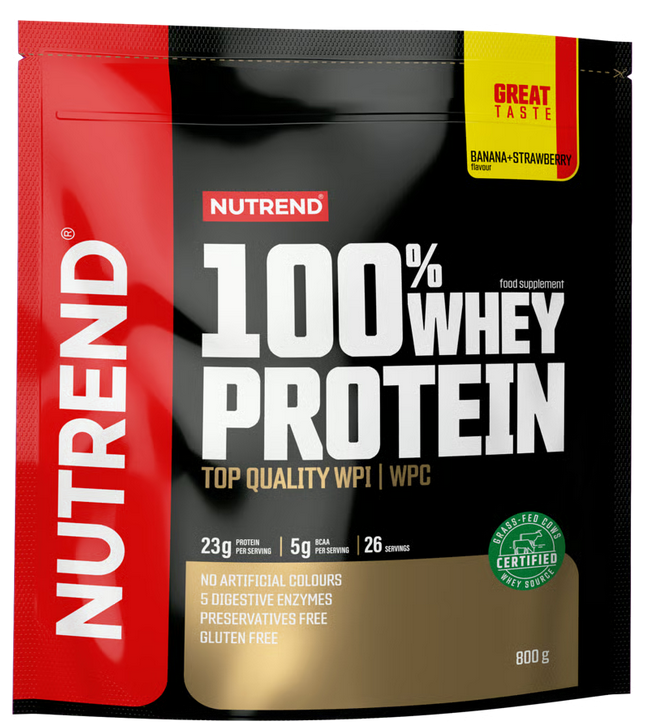 Whey & Izolat - 100% Whey Protein 800g Nutrend Proteină premium din zer Banane Capsuni, advancednutrition.ro