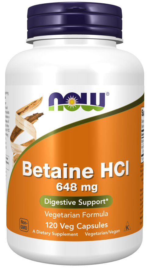 Sistemul Digestiv & Imunitar - NOW Betaine HCL 648mg - 120 capsule vegane, advancednutrition.ro