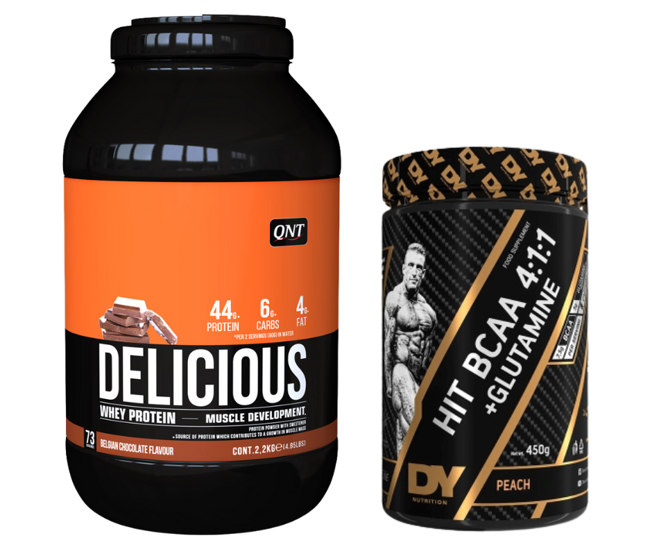 Pachete Promotionale - QNT DELICIOUS WHEY PROTEIN 2.2 Kg + DY NUTRITION HIT BCAA 4:1:1 + Glutamine 450g