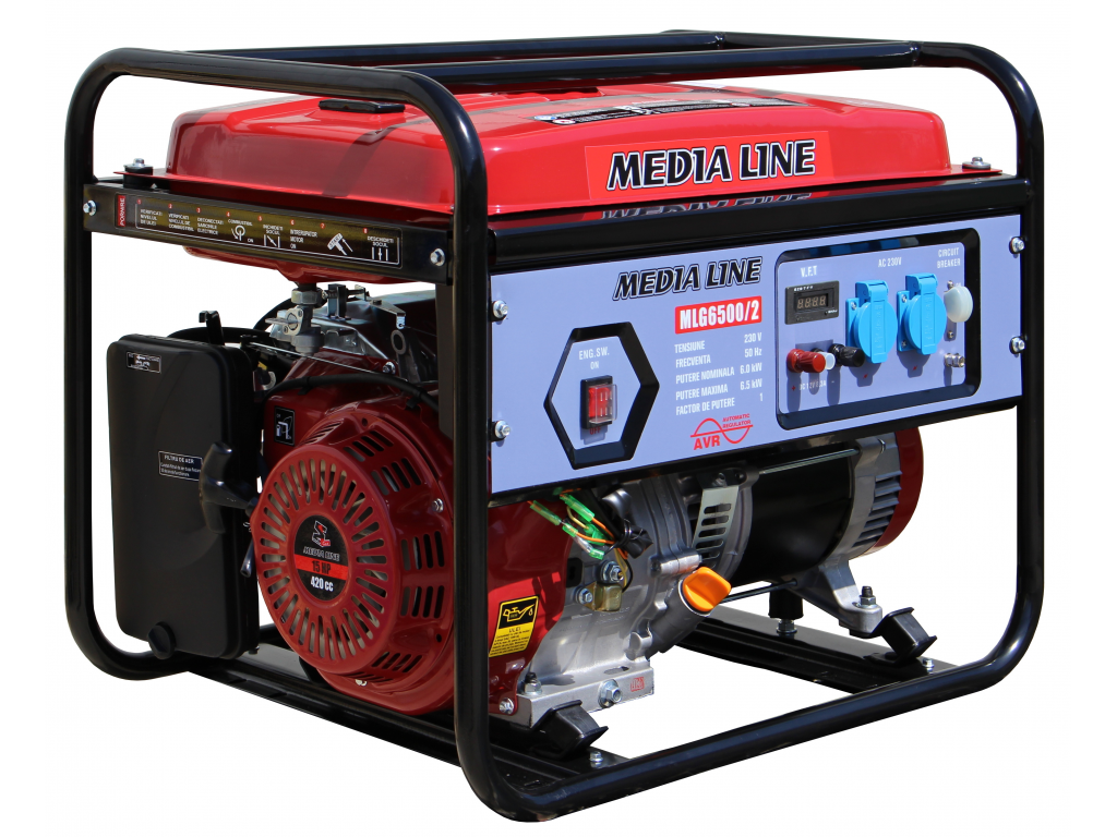 MLG 6500/2 Generator de curent monofazat Media Line,putere maxima 6,5 kVA , benzina , AVR cu perii , rezervor combustibil 25 L
