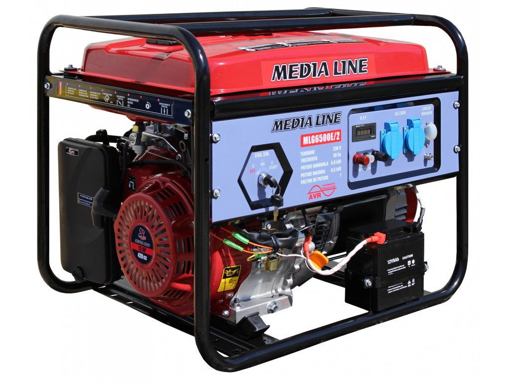 MLG 6500E/2 Generator curent electric Media Line , putere max 6.5 kVA , monofazat , pornire electrica , set roti transport , AVR cu perii
